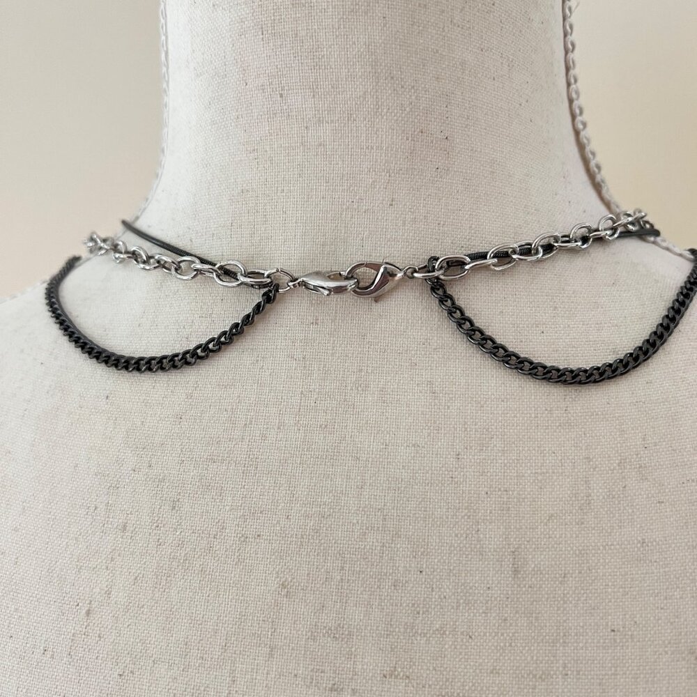 Black and Silver Layered Chain Pendant Necklace 26" - Picture 4 of 4